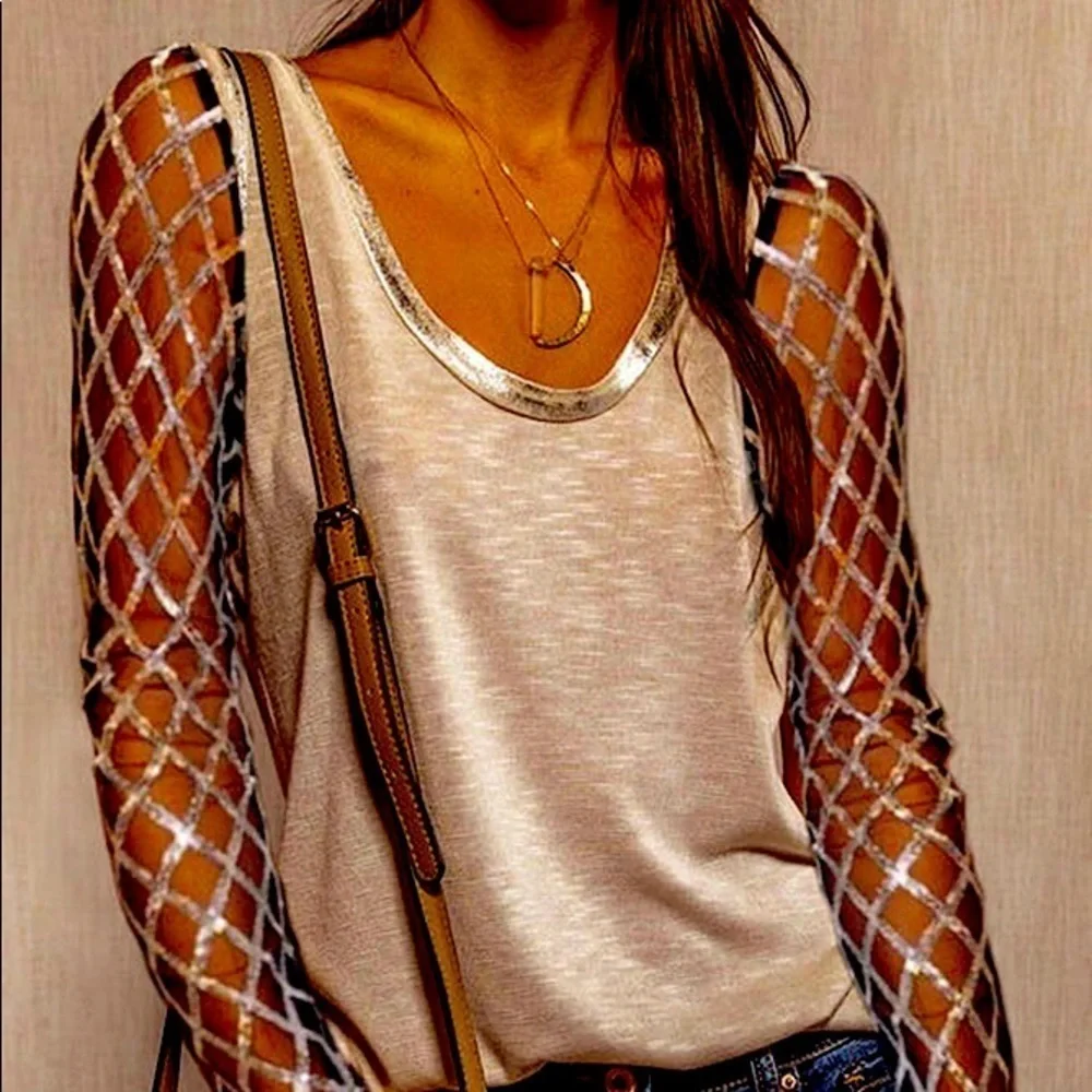 🍩 Mid-length Sequined Long Sleeved  Khaki Top - Picture 5 of 7